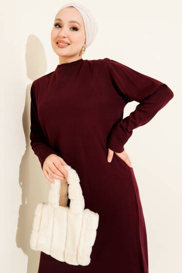 Bisiklet Yaka Triko Basic Elbise Bordo - Elbise