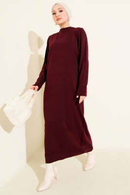 Bisiklet Yaka Triko Basic Elbise Bordo - Elbise
