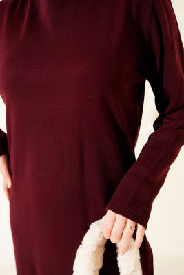 Bisiklet Yaka Triko Basic Elbise Bordo - Elbise