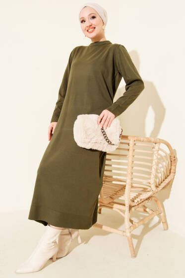 Bisiklet Yaka Triko Basic Elbise Haki - Elbise