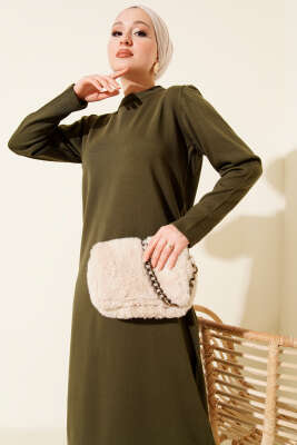 Bisiklet Yaka Triko Basic Elbise Haki - Elbise