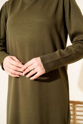 Bisiklet Yaka Triko Basic Elbise Haki - Elbise