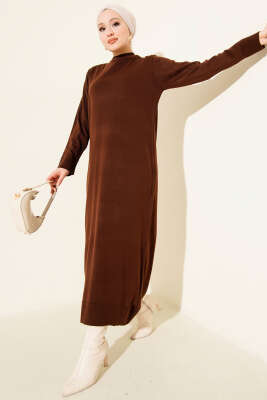 Bisiklet Yaka Triko Basic Elbise Kahve - HELLIE