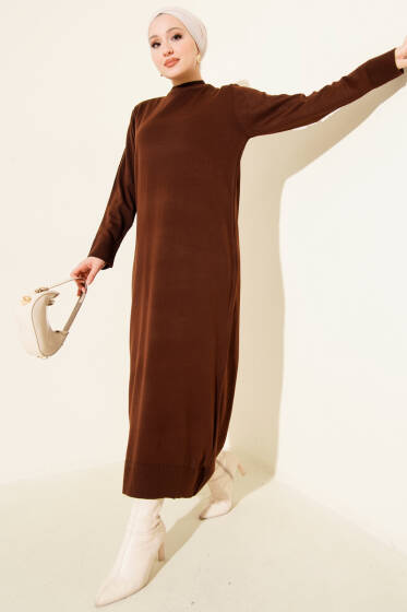 Bisiklet Yaka Triko Basic Elbise Kahve - Elbise