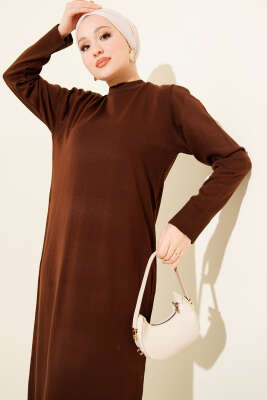 Bisiklet Yaka Triko Basic Elbise Kahve - Elbise