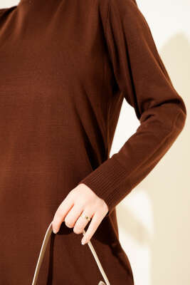 Bisiklet Yaka Triko Basic Elbise Kahve - Elbise