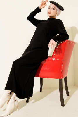 Bisiklet Yaka Triko Basic Elbise Siyah - HELLIE