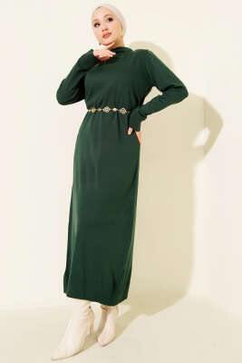 Bisiklet Yaka Triko Basic Elbise Zümrüt - HELLIE