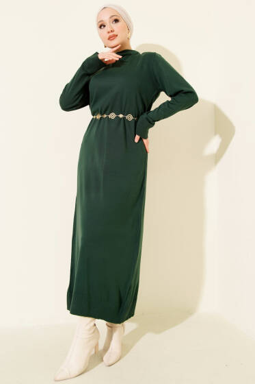 Bisiklet Yaka Triko Basic Elbise Zümrüt - Elbise