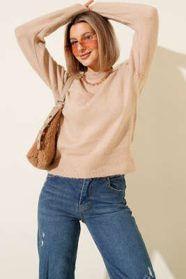 Bisiklet Yaka Triko Kazak Bej 