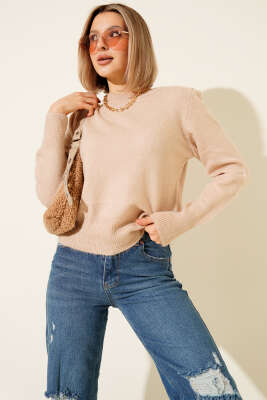 Bisiklet Yaka Triko Kazak Bej - Kadın Giyim Modelleri