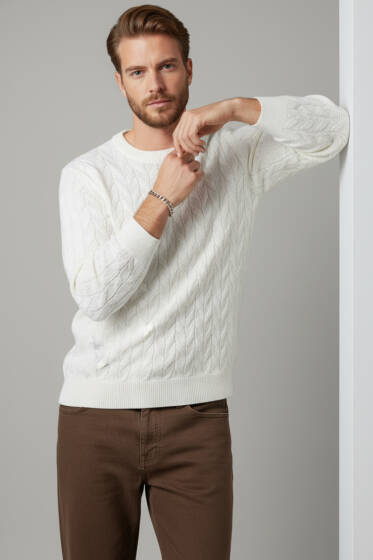 Bisiklet Yaka Triko Kazak Beyaz - Erkek Kazak