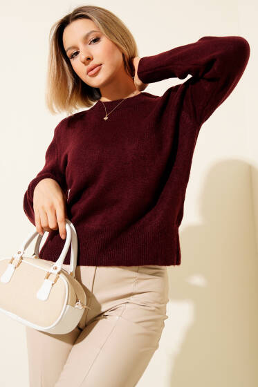 Bisiklet Yaka Triko Kazak Bordo - Kadın Giyim Modelleri