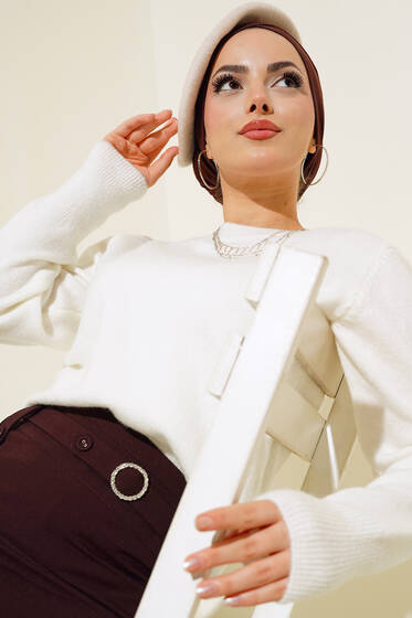 Bisiklet Yaka Triko Kazak Ekru - Kazak