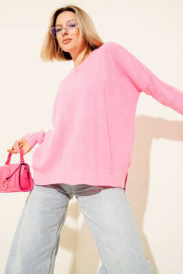 Bisiklet Yaka Triko Kazak Pembe - Yılın Fırsatı