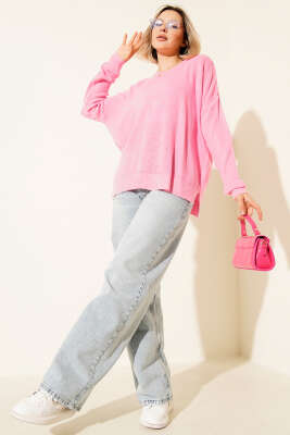 Bisiklet Yaka Triko Kazak Pembe - Yılın Fırsatı