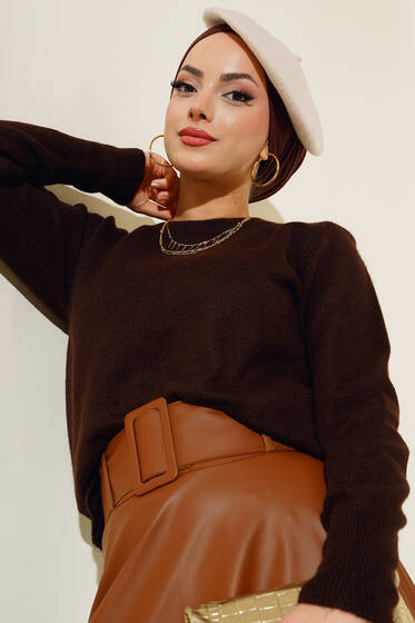 Bisiklet Yaka Triko Kazak Kahve - Kazak