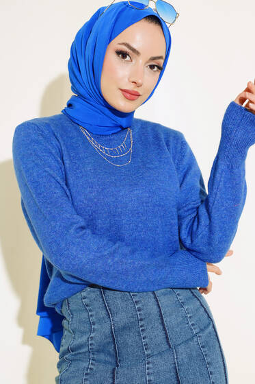 Bisiklet Yaka Triko Kazak Saks - Kazak