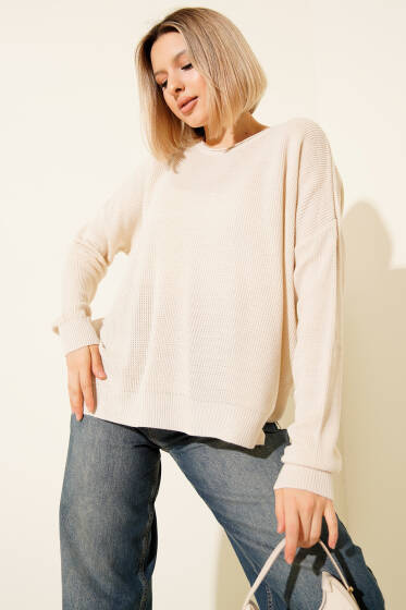 Bisiklet Yaka Triko Kazak Bej - Kadın Giyim Modelleri