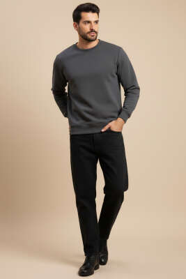 Bisiklet Yaka Üç İplik Sweatshirt Füme - Erkek Sweatshirt