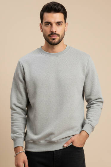 Bisiklet Yaka Üç İplik Sweatshirt Gri - Yılın Fırsatı