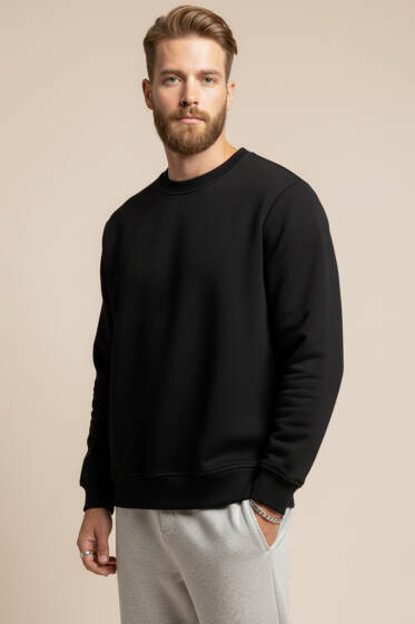 Bisiklet Yaka Üç İplik Sweatshirt Siyah - Yılın Fırsatı