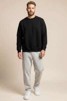 Bisiklet Yaka Üç İplik Sweatshirt Siyah - Yılın Fırsatı