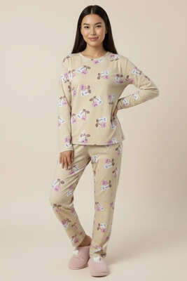 Bisiklet Yaka Uzun Kol Desenli Pijama Takımı Krem - HEPYEK BASIC
