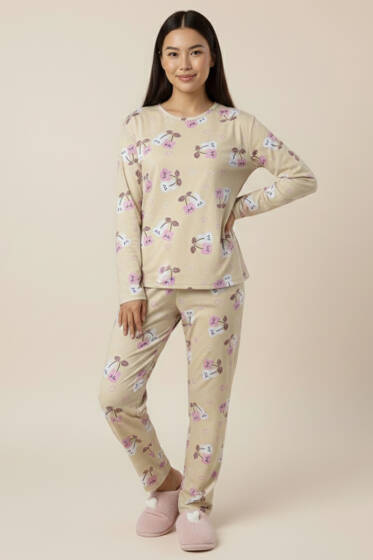 Bisiklet Yaka Uzun Kol Desenli Pijama Takımı Krem - Pijama