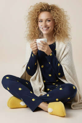 Bisiklet Yaka Uzun Kol Desenli Pijama Takımı Lacivert - HEPYEK BASIC