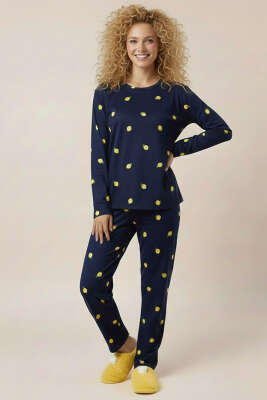 Bisiklet Yaka Uzun Kol Desenli Pijama Takımı Lacivert - Pijama