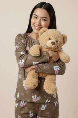 Bisiklet Yaka Uzun Kol Desenli Pijama Takımı Latte - HEPYEK BASIC