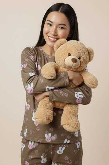 Bisiklet Yaka Uzun Kol Desenli Pijama Takımı Latte - Pijama