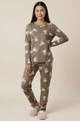 Bisiklet Yaka Uzun Kol Desenli Pijama Takımı Latte - Pijama