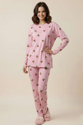 Bisiklet Yaka Uzun Kol Desenli Pijama Takımı Şeker Pembe - HEPYEK BASIC