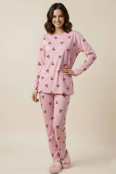 Bisiklet Yaka Uzun Kol Desenli Pijama Takımı Şeker Pembe - Pijama