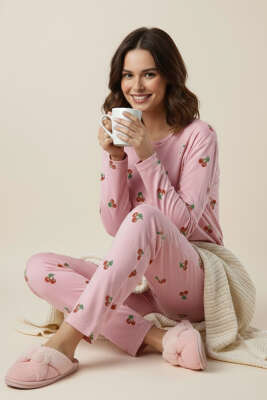 Bisiklet Yaka Uzun Kol Desenli Pijama Takımı Şeker Pembe - Pijama