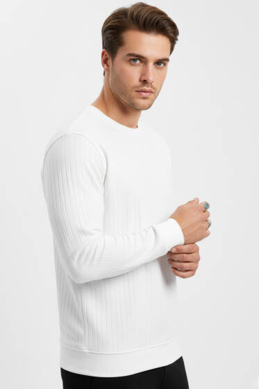 Bisiklet Yaka Uzun Kol Erkek T-shirt Ekru - Erkek T-shirt