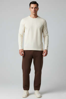 Bisiklet Yaka Uzun Kollu Sweatshirt Krem - Erkek Sweatshirt