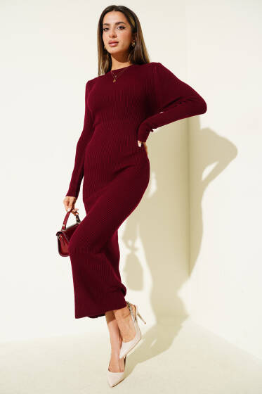 Bisiklet Yaka Uzun Triko Elbise Bordo - Kadın Giyim Modelleri