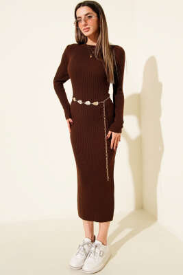 Bisiklet Yaka Uzun Triko Elbise Kahve - LUSTRİN