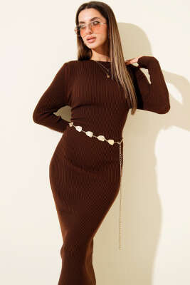 Bisiklet Yaka Uzun Triko Elbise Kahve - Kadın Giyim Modelleri