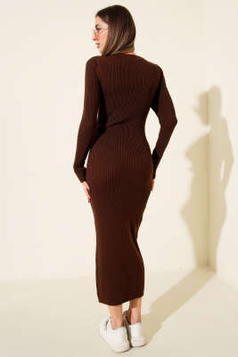 Bisiklet Yaka Uzun Triko Elbise Kahve - Kadın Giyim Modelleri
