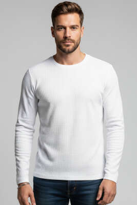 Bisiklet Yaka Waffle Erkek Sweatshirt Ekru 
