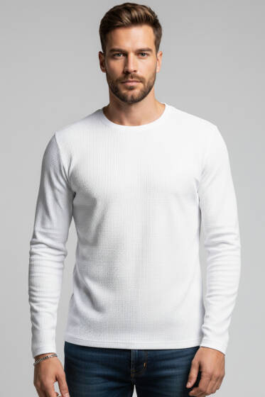 Bisiklet Yaka Waffle Erkek Sweatshirt Ekru - Erkek Sweatshirt