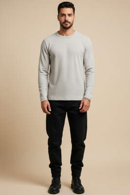 Bisiklet Yaka Waffle Erkek Sweatshirt Gri - Erkek Sweatshirt