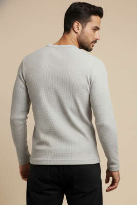 Bisiklet Yaka Waffle Erkek Sweatshirt Gri - Erkek Sweatshirt