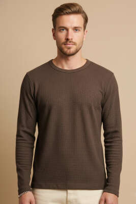 Bisiklet Yaka Waffle Erkek Sweatshirt Kahve 
