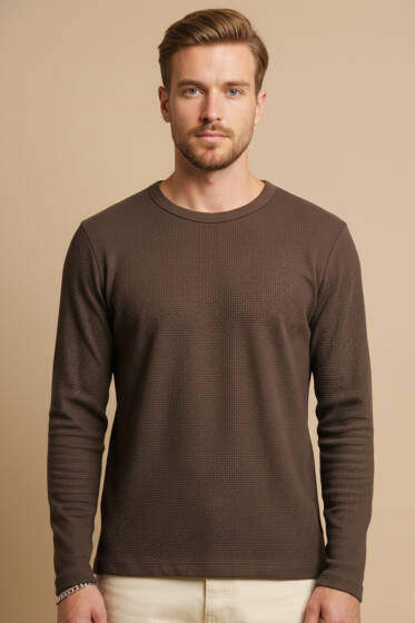 Bisiklet Yaka Waffle Erkek Sweatshirt Kahve - Erkek Sweatshirt