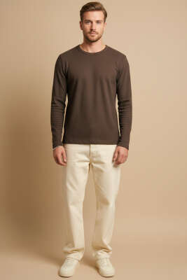 Bisiklet Yaka Waffle Erkek Sweatshirt Kahve - Erkek Sweatshirt